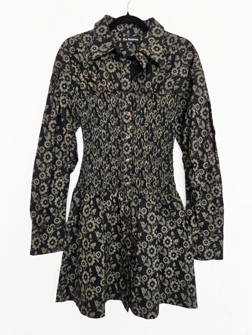 En Saison Smocked Black Green Floral Long Sleeve Button Up Dress, L